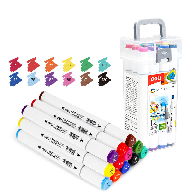SET 12 MARKERE SKETCHING VARF DUBLU ROTUND 1MM/TESIT 7MM CUT PLASTIC COLOR EMOTION DELI SET 12 MARKERE SKETCHING VARF DUBLU ROTUND 1MM/TESIT 7MM CUT PLASTIC COLOR EMOTION DELI